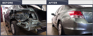 before and after pics of rear quarter panel of Honda Accord